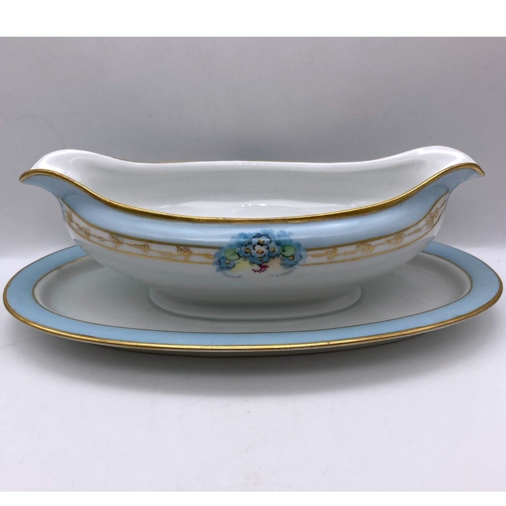 Hutschenreuther Selb Bavaria Gold/Blue Gravy Boat w/ Attached Underplate Floral
